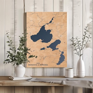 Lake Mendota & Monoma Wisconsin | Custom Lake Map Home Decor, Personalized Lake House Gift, Anniversary Wedding Gift, Engraved Wood Wall Art