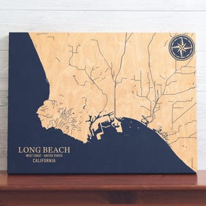 Long Beach, California Map | Engraved Wood Coastal Wall Art Sign, Beach House Home Decor Nautical Print, Unique Personalized Family Gift