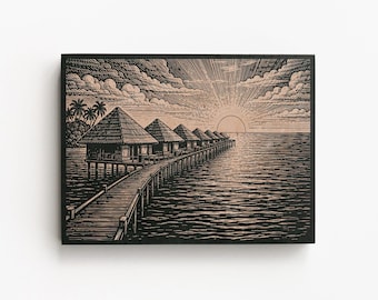 Maldives Engraved Birch Art Panel | Overwater Bungalow Wall Art, Tropical Travel Decor, Honeymoon Gift