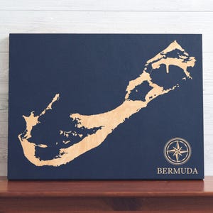 Mappa delle Bermuda / Carta costiera incisa su legno, decorazione da parete per la casa al mare, regalo personalizzato unico per la famiglia, stampa nautica con vita sull'isola