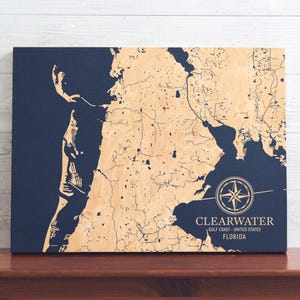 Mappa di Clearwater, Florida / Cartello da parete in legno inciso con motivo costiero, decorazione per la casa sulla spiaggia, stampa nautica, regalo personalizzato unico per la famiglia