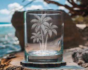Palm Tree Glasses | Personalized Beer, Cocktail, Whiskey, Wine glassware. Tropical Island Beach Gift. Coastal living barware home decor.
