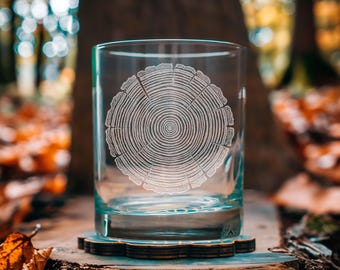 Tree Rings Glass | Laser Etched Woodcut Rings Drinkware | Engraved Gift for Hikers, Campers & Nature Lovers
