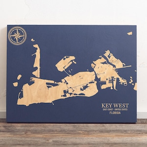 Kaart Key West, Florida | Gegraveerd houten kustmuurkunstbord, strandhuis woondecoratie print nautisch leven, uniek gepersonaliseerd familiecadeau