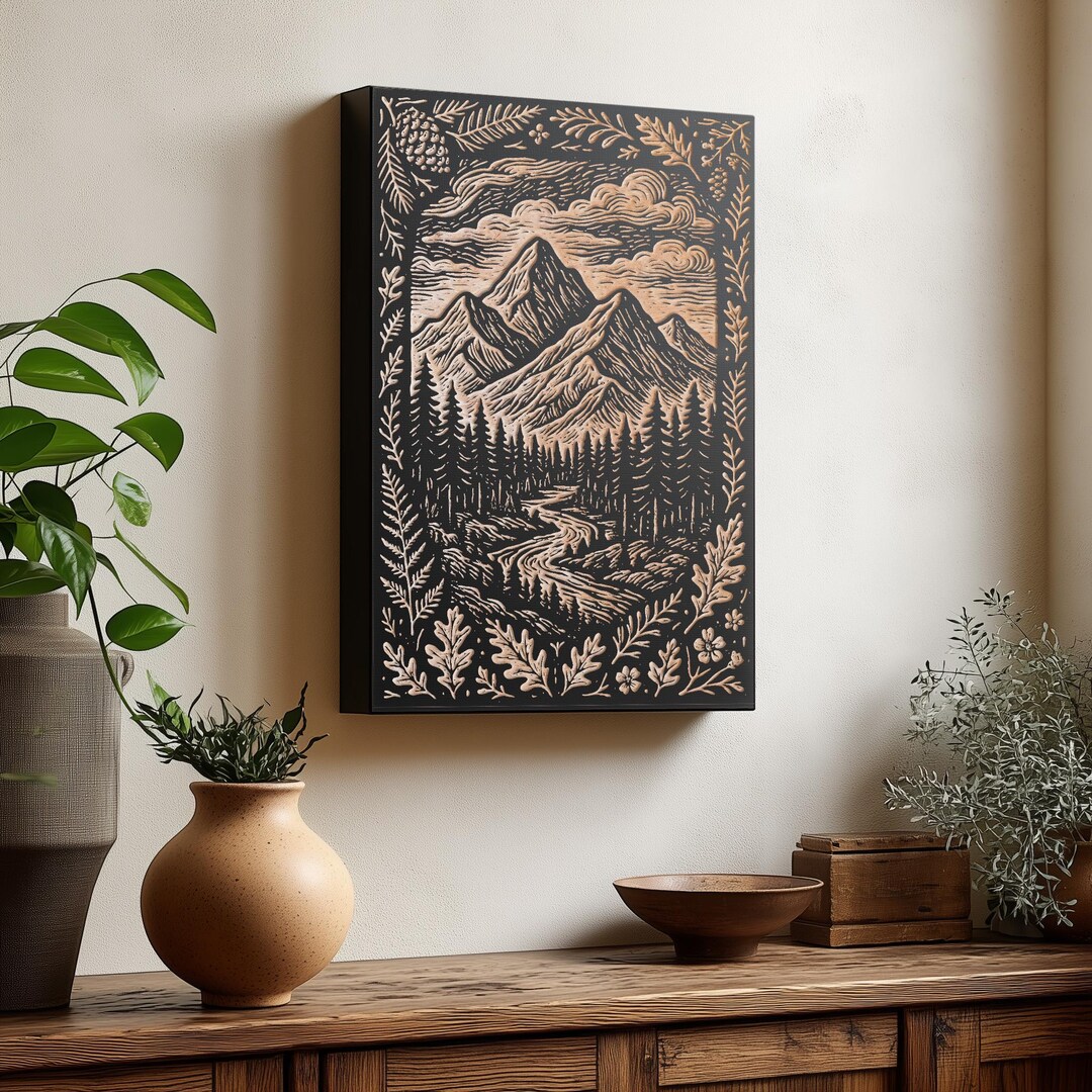 大理石製の花瓶 Engraved Landscape Mountain Landscape Engraved Illustration : Rustic Nature-inspired