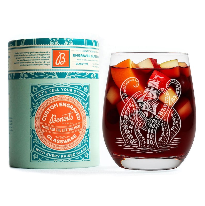 Kraken Glasses | Laser Etched Nautical Barware, Engraved Gift for Ocean Lovers & Maritime Home Decor Stemless Wine