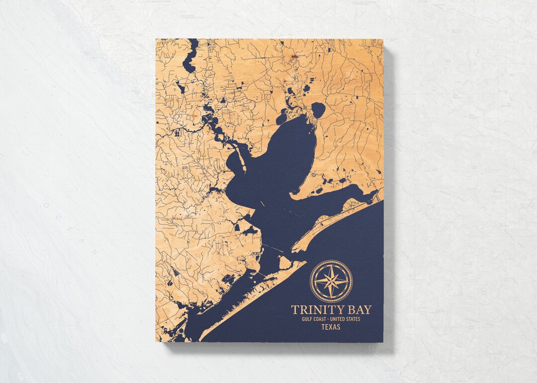 Trinity Bay, Texas Map Engraved Wood Coastal Chart Wall Art Sign, Beach