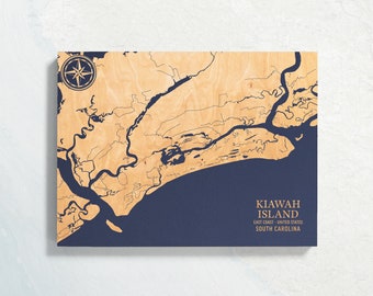 Kiawah Island, South Carolina Map | Engraved Wood Coastal Chart Wall Art Sign, Beach Home Decor Nautical Print, Unique Personalized Gift