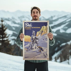 スキー バンフ サンシャイン アルバータ カナダ フェルト ポスター バナー | ヴィンテージ スキー マウンテン ウォール アート ギフト。キャンプ フラッグ ペナント ホーム デコレーション。米国製ハンドメイド