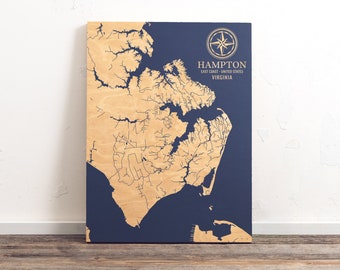 Hampton, Virginia Map | Engraved Wood Coastal Chart Wall Art Sign, Beach Home Decor Nautical Life Print, Unique Personalized Family Gift