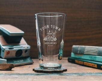 Custom Arkansas Town Glasses | Personalized glassware for beer, whiskey, wine and cocktails. State hometown gift. Barware home decor.