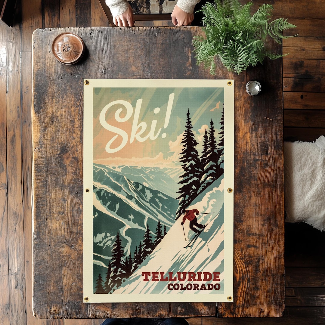 Ski Telluride Colorado Felt Poster Banner Teal Vintage Ski Poster. Gift ...