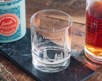 London, England City Skyline Engraved Glass | Hometown Pride Glassware, Whiskey Rocks Wine & Beer Barware, Travel Special Trip Gift