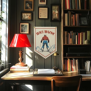 Ski Bum Felt Camp Flag Poster Banner | Funny Vintage Après Ski Camp Flag, Retro Skier Snowboarder Gift. Mountain Cabin Winter Home Wall Art.