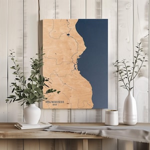 Milwaukee Bay Wisconsin | Benutzerdefinierte See Karte Wohnkultur, personalisierte See Haus Geschenk, Jahrestag Hochzeitslager Geschenk, gravierte Holz Wandkunst