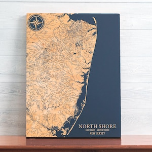 Mappa di North Shore, New Jersey / Carta costiera incisa su legno, decorazione da parete, stampa nautica, regalo unico e personalizzato per la famiglia.