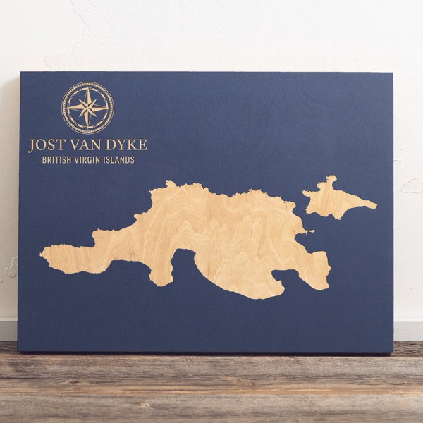 Jost Van Dyke, Britse Maagdeneilanden Kaart | BVI gegraveerd hout Coastal Chart Wall Art Sign, Beach Home Decor Print, uniek gepersonaliseerd cadeau