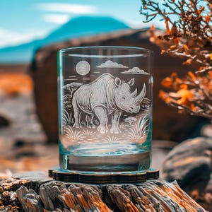 Rhinoceros Glasses | Personalized Safari Whiskey, Wine & Beer Etched Glassware Gift, African Wildlife Themed Drinkware, Memorable Trip Gift.