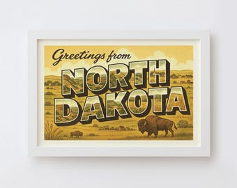 Stampa artistica con cartolina del North Dakota / Saluti dal North Dakota, poster vintage da parete, souvenir retrò dello stato, regalo di viaggio americano