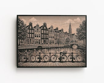 Amsterdam Canal Engraved Birch Art Panel | Netherlands Wall Art, European Travel Decor, Bicycle City Gift