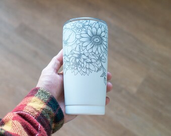 Floral Tumbler | Bride and Bridesmaid Gift, 20 oz Reusable Powder Coated Bottle, Engraved Flower Travel Mug, Gift for Mom Sister and Friend