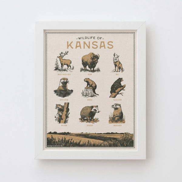 Kansas Wildlife Wall Art Print - Vintage poster design, archival quality matte fine art print. Outdoor, wilderness gift.