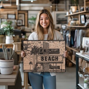 Surf Beach Sign Wall Art / Illustrazione litografica incisa su legno a tema surf, grande dipinto da parete, stampa sullo stile di vita costiero