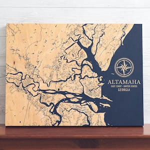 Altamaha, Georgia Karte | "Graviertes Holz Küsten Wand Kunst Zeichen, Strand Haus Wohnkultur nautisches Leben Druck, einzigartiges personalisiertes Familien Geschenk."
