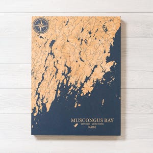 Muscongus Bay, Maine Karte | "Graviertes Holz Küsten Karte Wand Kunst Schild, Strand Haus Wohnkultur nautischen Druck, einzigartiges personalisiertes Geschenk für die Familie