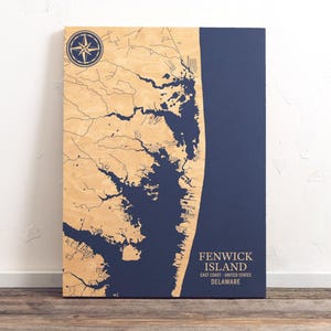 Mapa de Fenwick Island, Delaware, Maryland. Letrero costero de madera grabado. Decoración de casa de playa para colgar en la pared. Impresión náutica. Regalo personalizado.