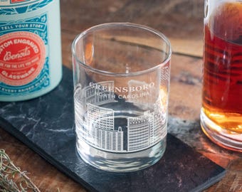 Greensboro, North Carolina Skyline Engraved Glasses | Hometown Pride Glassware, Whiskey Rocks Wine & Beer Barware, Travel Special Trip Gift