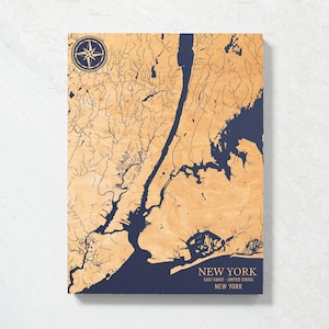 New York, New York Karte | "Graviertes Holz Küsten Karte Wand Kunst Schild, Strand Haus Wohnkultur nautischen Druck, einzigartiges personalisiertes Geschenk für die Familie
