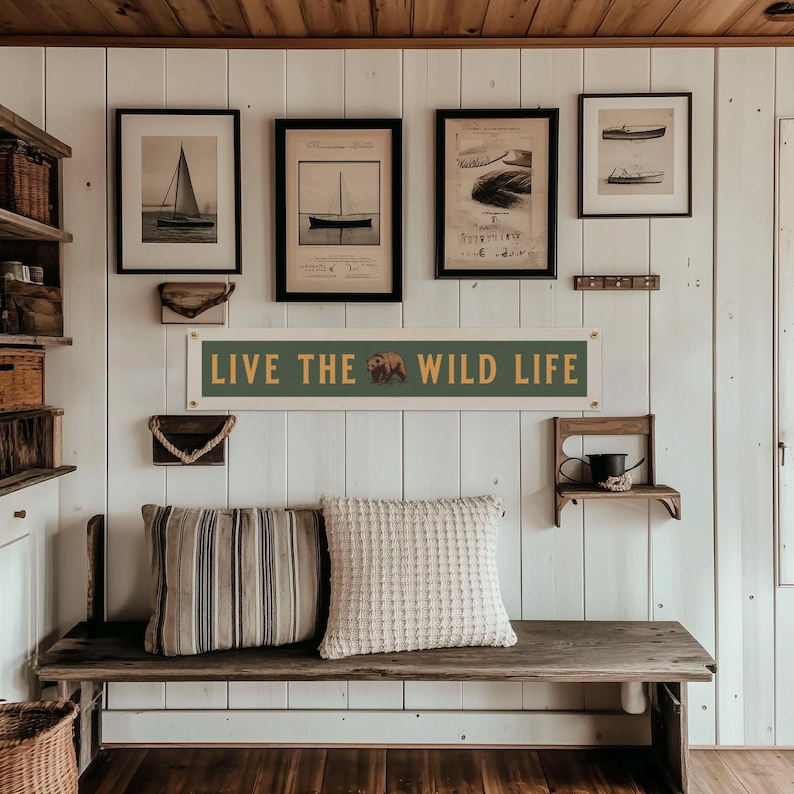 Live the Wild Life Felt Banner | Classic vintage typography flag. Camping, Hiking, Nature Decor, Cabin Art, Outdoor Adventure Lover Gift image 1