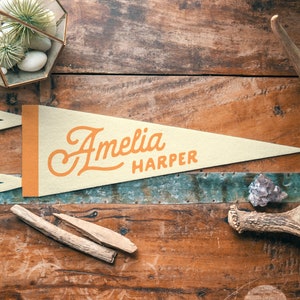 Personalized Heritage Name Sign Felt Pennant Custom Neutral vintage style banner flag, kids & Nursery Wall Art, Boys Girls home decor gift Cream & Orange