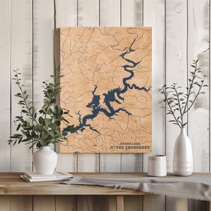 Grand Lake O'the Cherokees Oklahoma / Decorazione per la casa con mappa personalizzata del lago, regalo personalizzato per casa sul lago, regalo per campeggio nuziale, arte murale in legno incisa