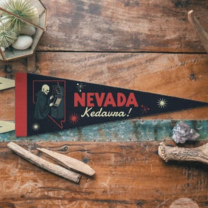 Nevada Kedavra Felt Pennant | Funny Voldemort State banner poster. Vintage typography Las Vegas Wizard flag pennant home decor. USA Handmade