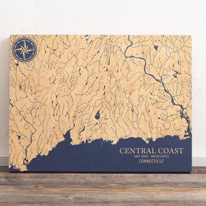 Karte mit zentralen Küste von Conneticut | Küsten Kunst Gravur Holzschild Strand Haus Dekoration Wandbehang Wasserdruck Einzigartiges personalisiertes Geschenk