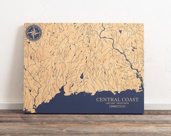 Central Connecticut Coast Map | Engraved Wood Coastal Art Sign Beach House Home Decor Wall Hanging Nautical Print Unique Personalized Gift