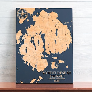 Mount Desert Island, Maine Karte | "Graviertes Holz Küsten Wand Kunst Zeichen, Strand Haus Wohnkultur nautischen Druck, einzigartiges personalisiertes Geschenk für die Familie
