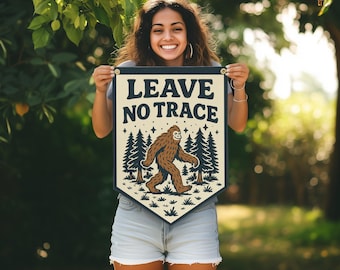 Leave No Trace Flag Camp Flag | Outdoor Kids Decor, Sasquatch Felt Camp Flag, Rustic Cabin Art, Nature Sign Wall Banner, Adventure Gift