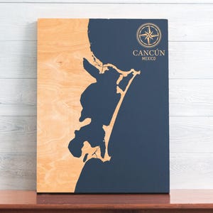 Cancun, Mexiko Karte | "Graviertes Holz Küsten Karte Wand Kunst Schild, Strand Haus Wohnkultur nautischen Druck, einzigartiges personalisiertes Geschenk für die Familie