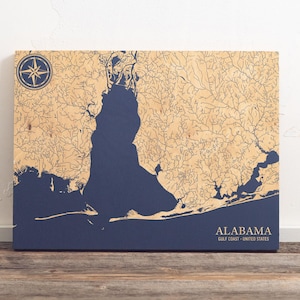 Alabama Coast Karte | "Graviertes Holz Küsten Kunst Schild, Strand Wohnkultur Wandbehang, nautisches Leben Druck, einzigartiges personalisiertes Familiengeschenk."