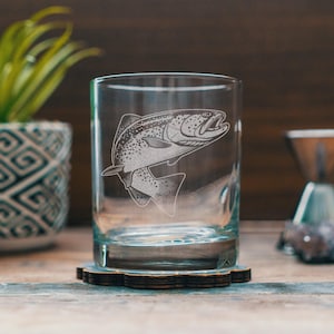 Trout Glasses | Personalized etched Beer, Cocktail, Whiskey and Wine glassware. Fishing & hunting gift. Rustic cabin barware and home decor.