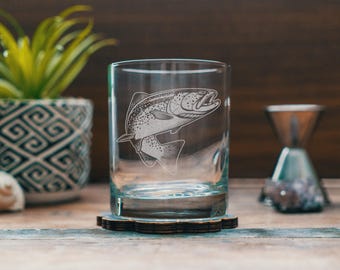Trout Glasses | Personalized etched Beer, Cocktail, Whiskey and Wine glassware. Fishing & hunting gift. Rustic cabin barware and home decor.