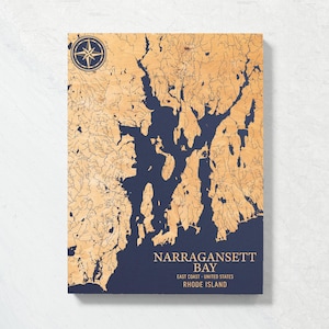 Narragansett Bay, Rhode Island Karte | "Graviertes hölzernes Küstenkarten-Wand-Kunst-Zeichen, Strand-Wohnkultur-nautischer Druck, personifiziertes Familiengeschenk."