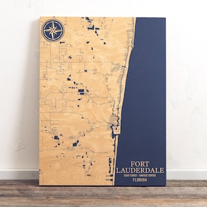 Kaart van Fort Lauderdale, Florida | Gegraveerd houten bord kustmuur, huisdecor strandhuis nautische print, uniek gepersonaliseerd familiecadeau