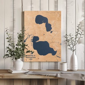 Higgins & Houghton Lake Michigan / Decorazione per la casa con mappa personalizzata del lago, regalo personalizzato per casa sul lago, regalo per campeggio di anniversario, arte murale in legno incisa