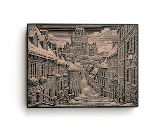 Winter in der Altstadt von Québec – Graviertes Birkenholz-Kunstpaneel | Wandbild mit Québec-Stadtmotiv, Kanadische Winterdekoration, Historische Stadtlandschaft