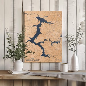 Lake Couer D'Alene Idaho / Decorazione per la casa con mappa personalizzata del lago, regalo personalizzato per casa sul lago, regalo per campeggio di nozze per anniversario, arte murale in legno incisa