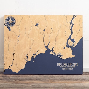 Bridgeport, Conneticut Karte | "Graviertes Holz Küsten Wand Kunst Zeichen, Strand Haus Wohnkultur nautischen Druck, einzigartiges personalisiertes Geschenk für die Familie